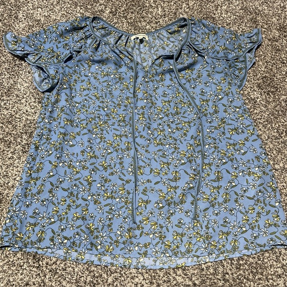 Max Studio Floral Tulip Sleeve Blouse Flowy Top SZ XS Blue - Picture 1 of 8